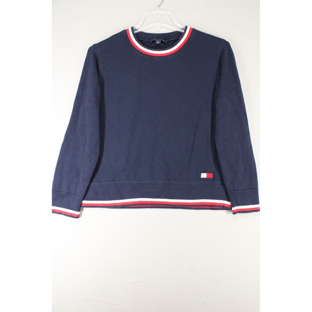 Tommy Hilfiger Sweater Crewneck Women Medium Black Cotton Striped Trim Preppy